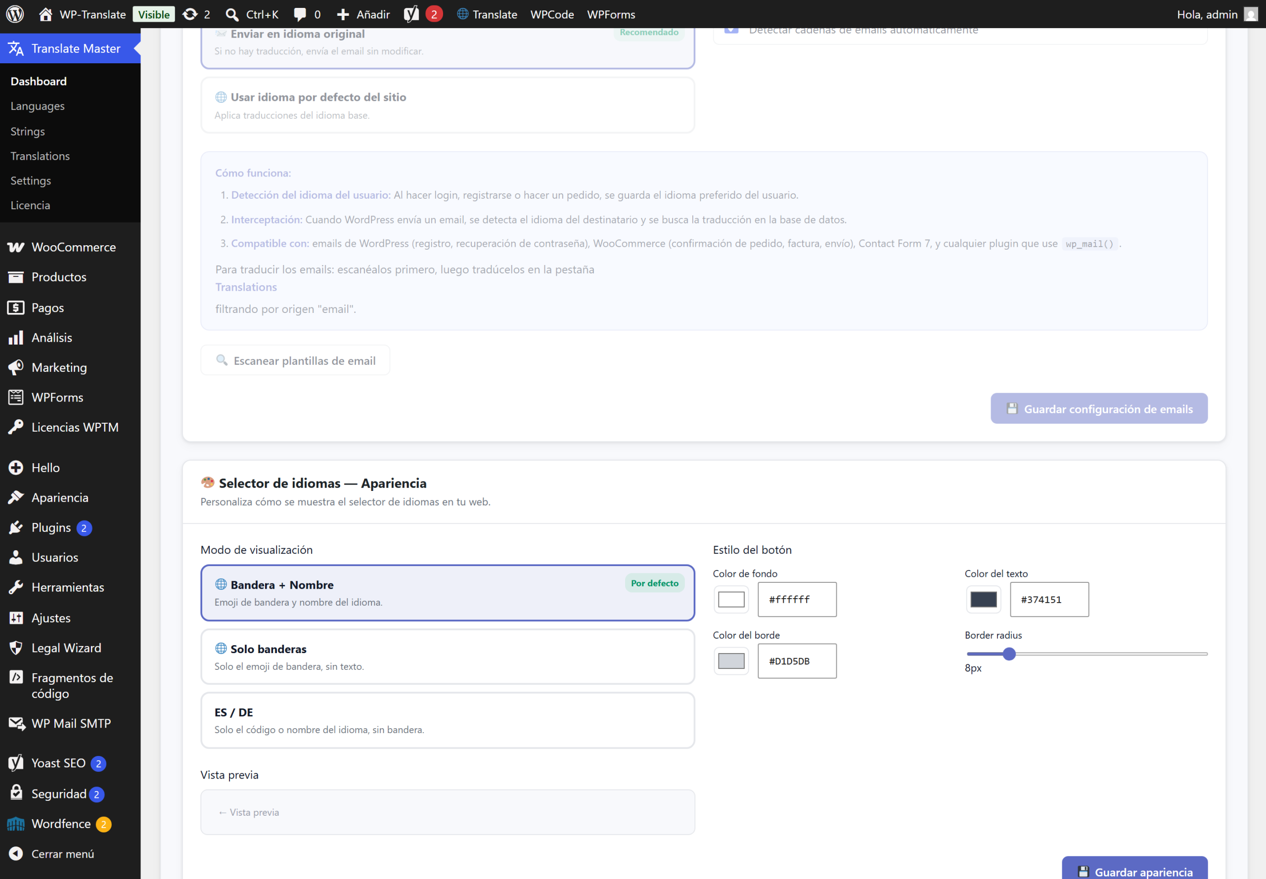 Configuración de emails de WP-Translate