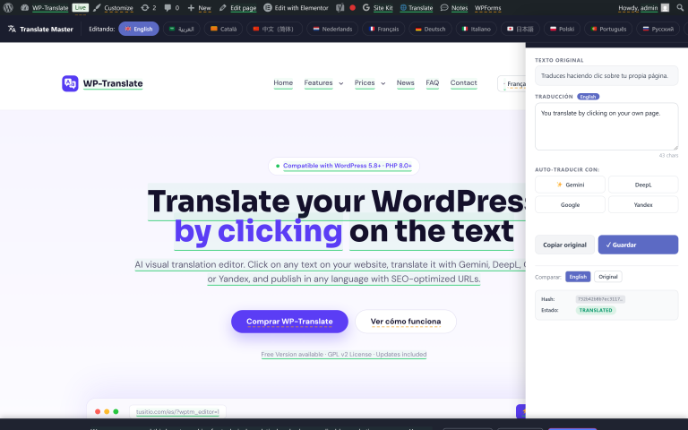 Editor visual de WP-Translate: se hace clic en un texto y se traduce al lado, con Gemini, DeepL, Google o Yandex