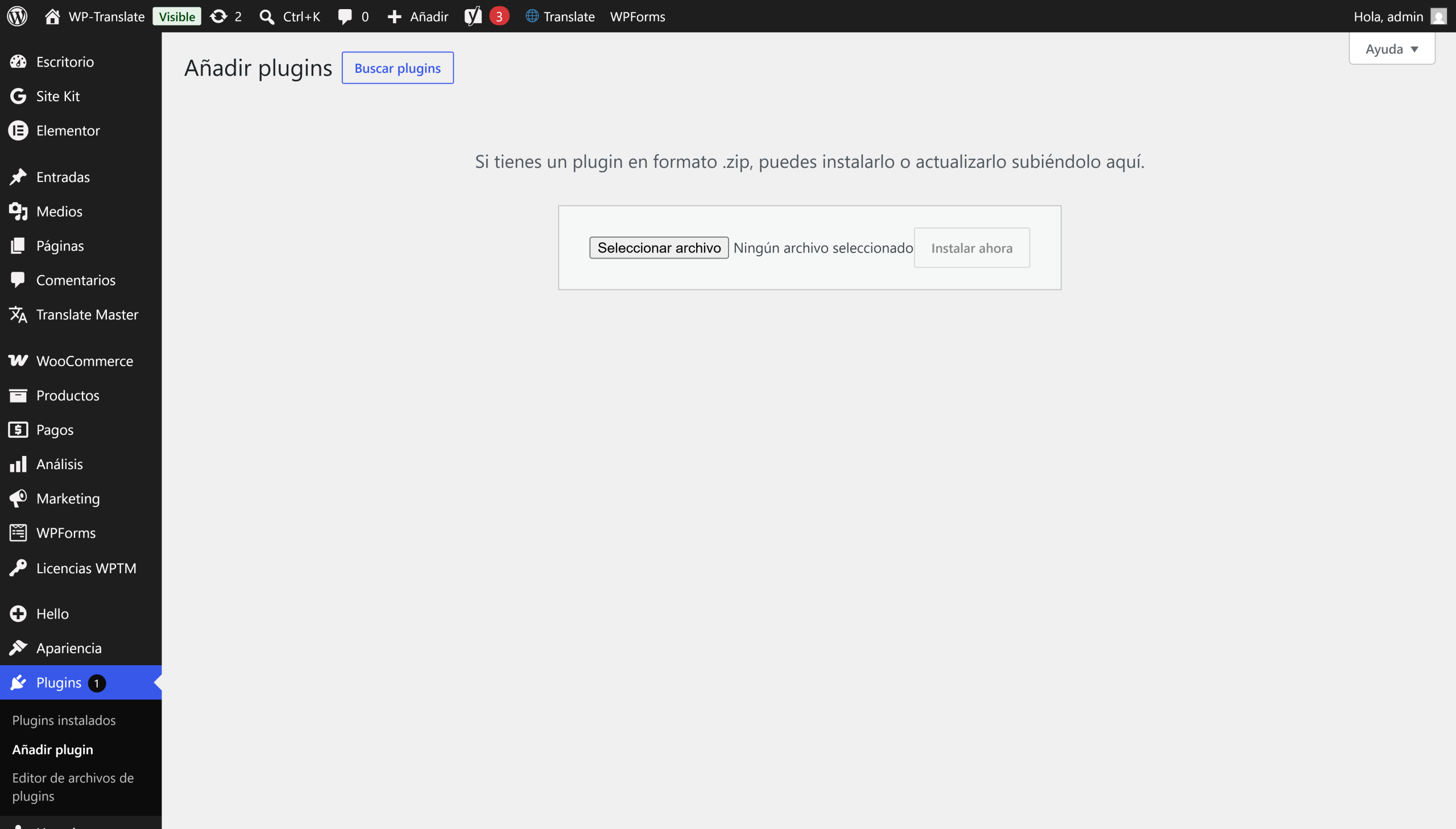 Pantalla «Subir plugin» de WordPress