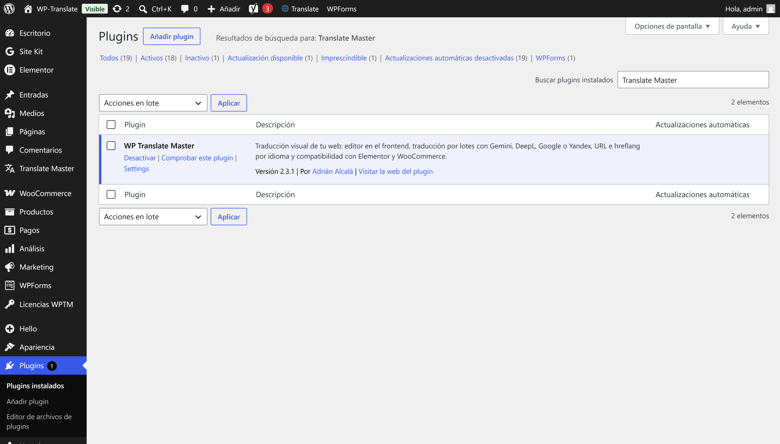 WP-Translate activo en la lista de plugins