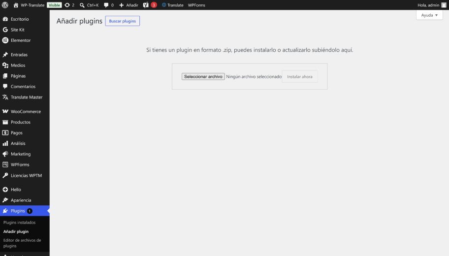 Todo el proceso de instalar y activar WP-Translate, de principio a fin