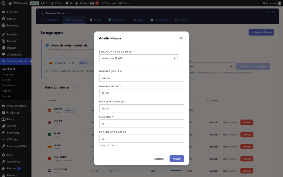 Editor visual de WP-Translate abierto sobre la propia web, con el panel de traducción al lado