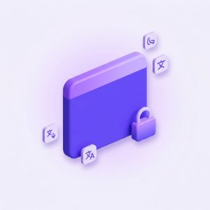 Ventana de navegador con un candado e iconos de idiomas, ilustración de la licencia de un sitio de WP-Translate