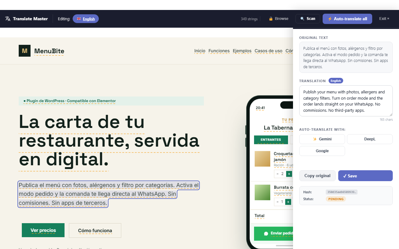 Editor visual de Incode Translate Master abierto sobre una página real, con el panel de traducción al lado